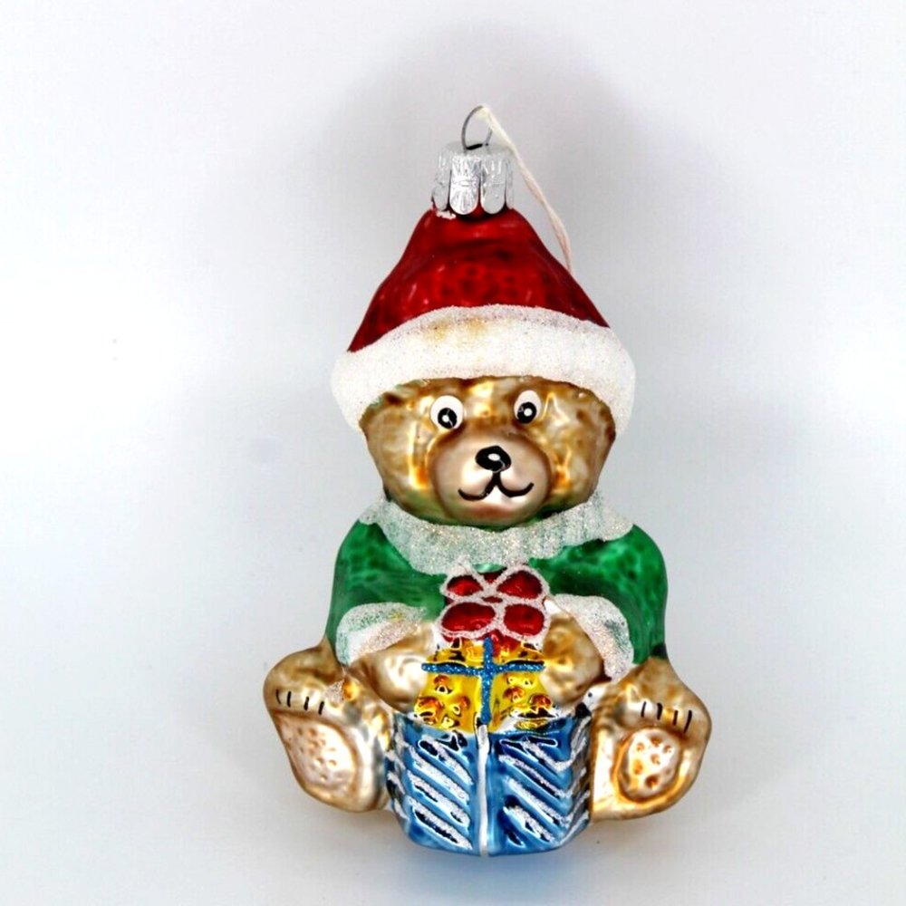 Vintage 4.5" Blown Glass Santa Teddy Bear Presents Hanging Christmas Ornament